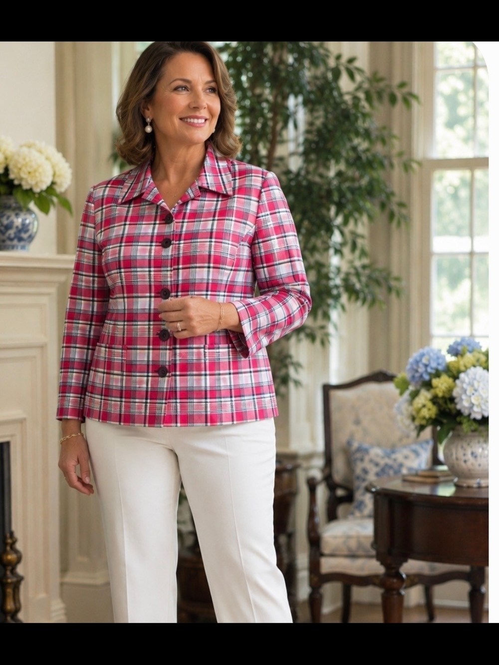 Kasper Red and White Plaid Button-Front Blazer